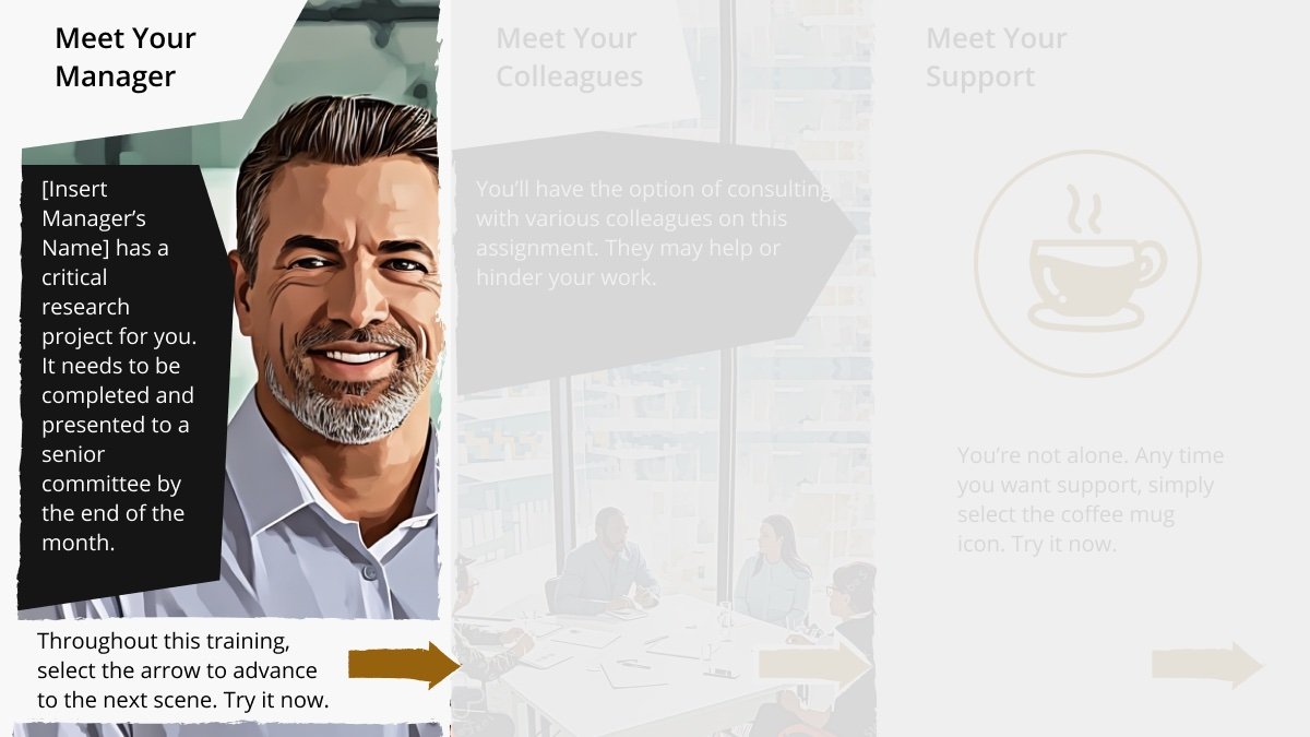 Meet Your Manager scene — photo-comic panel introducing the assignment