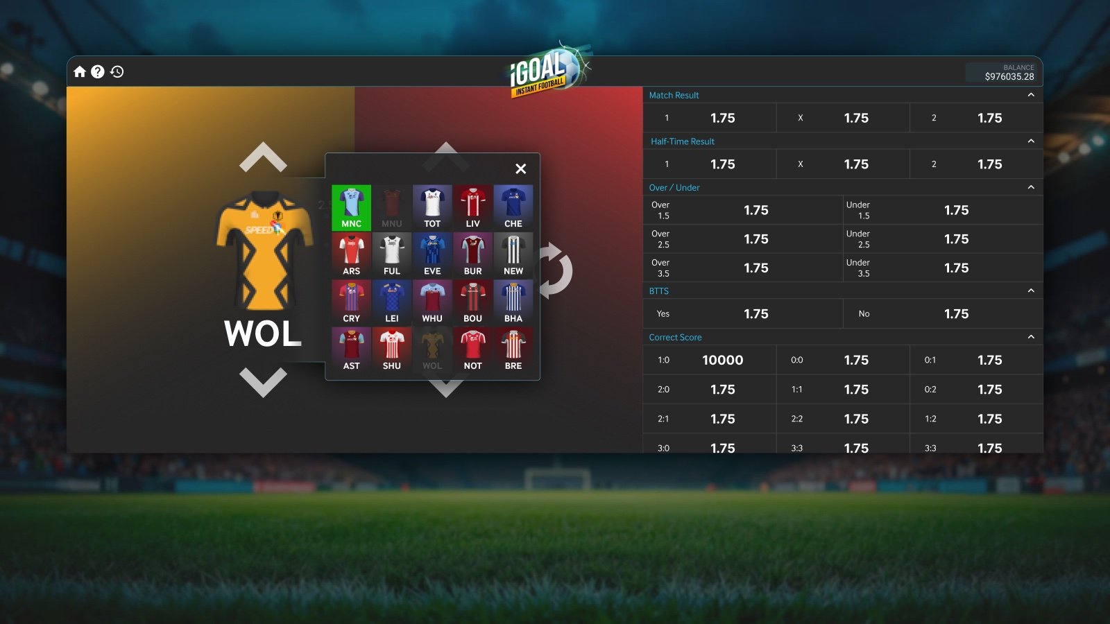 iGoal team selection with kit picker overlay and full odds panel