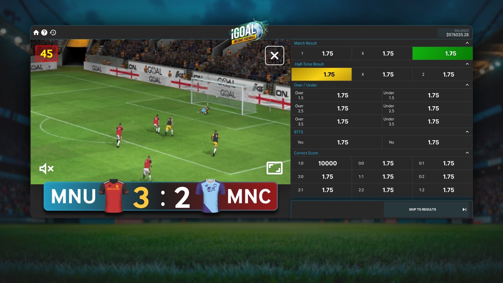 iGoal live match video panel with score band and bet markets alongside