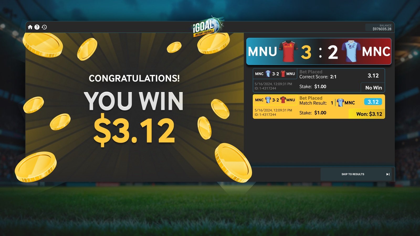 iGoal football betting game win screen with gold coins and live score