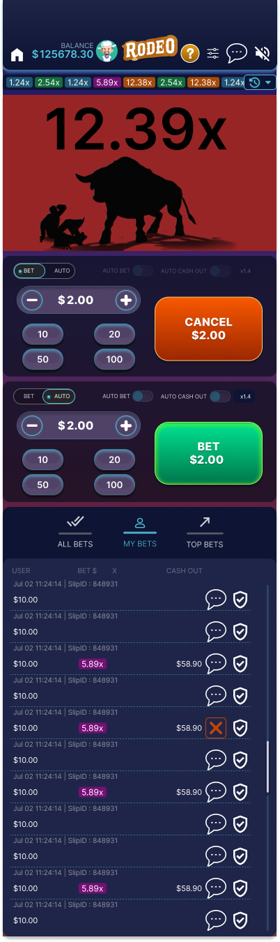 Rodeo Crash mobile game showing a 12.39x crash multiplier and bet panels