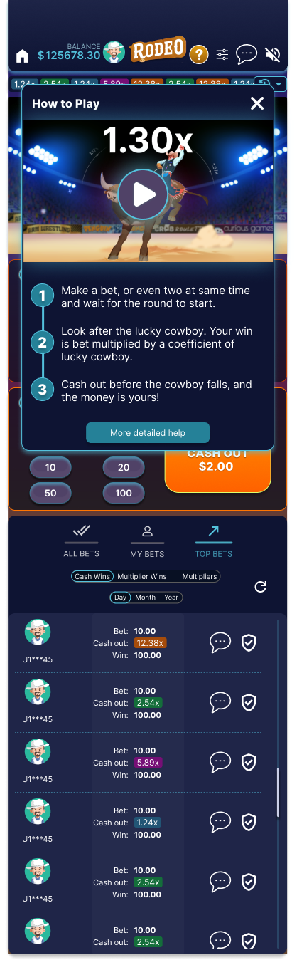 Rodeo Crash how-to-play panel overlaying the game