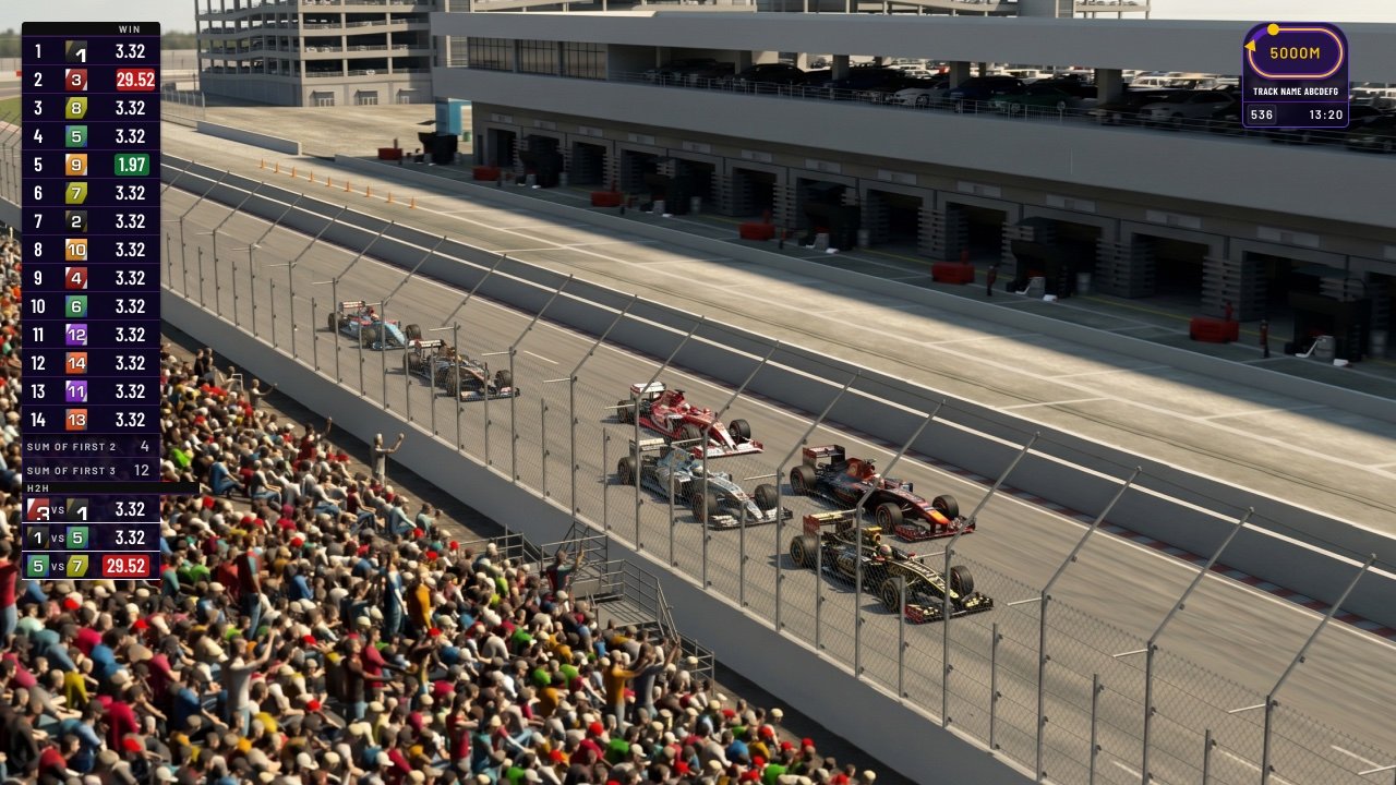 VSE in-race view with live leaderboard over the race broadcast