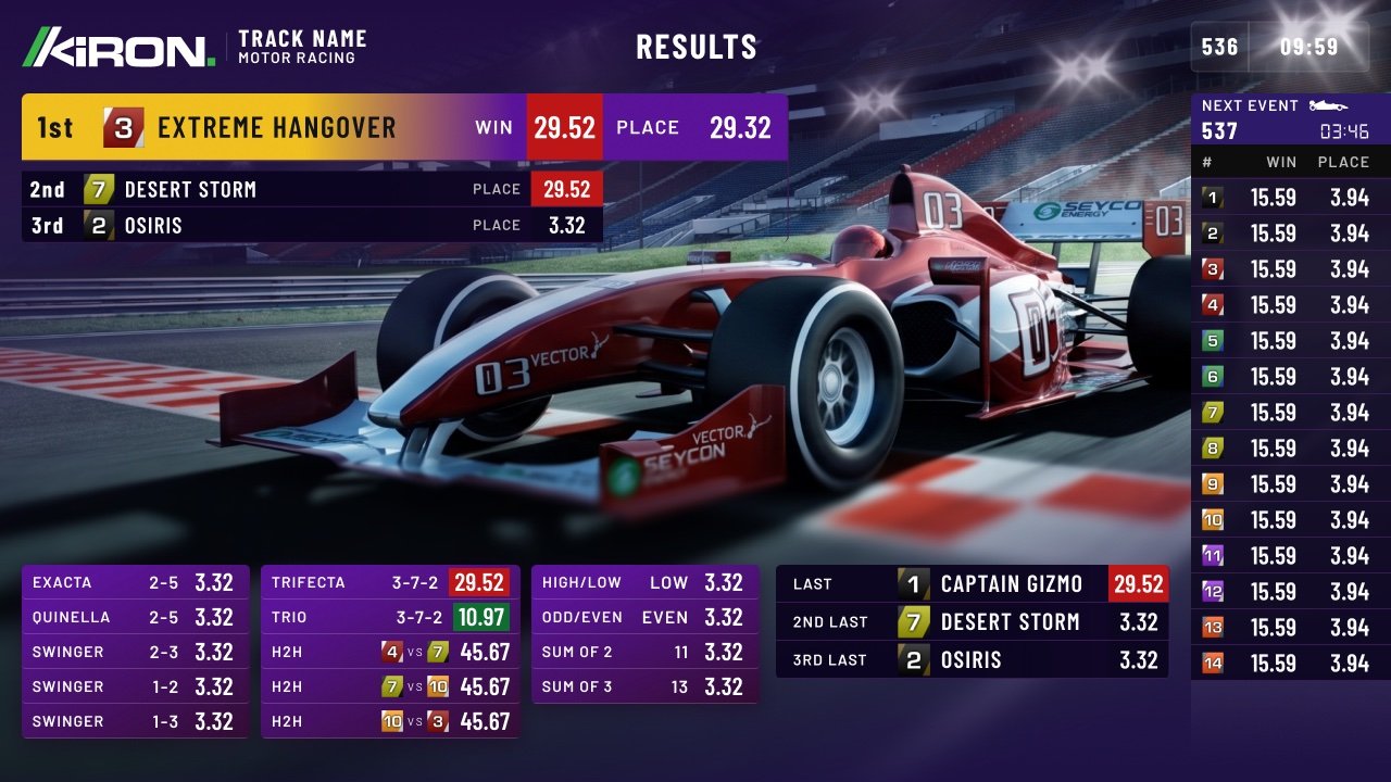 VSE virtual racing betting interface showing race results and an F1 car